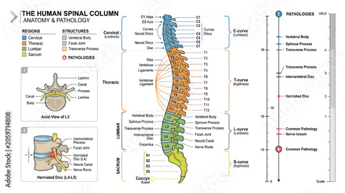 Картината върху платно Human spinal column anatomy and pathology medical diagram