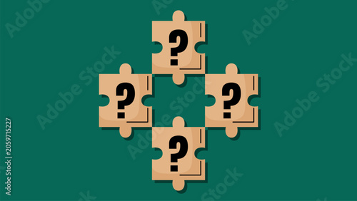 Four puzzle pieces arranged symmetrically with a hollow center, each showing a question mark, set against a solid dark green background