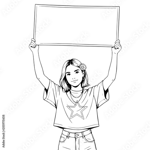 Obraz na plátně Young woman holding blank sign aloft during a protest with a star on her shirt