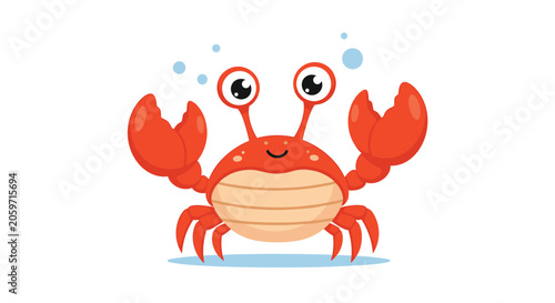 Adorable cartoon red crab with large eyes and a friendly smile blowing bubbles while standing on a small patch of blue water surface.