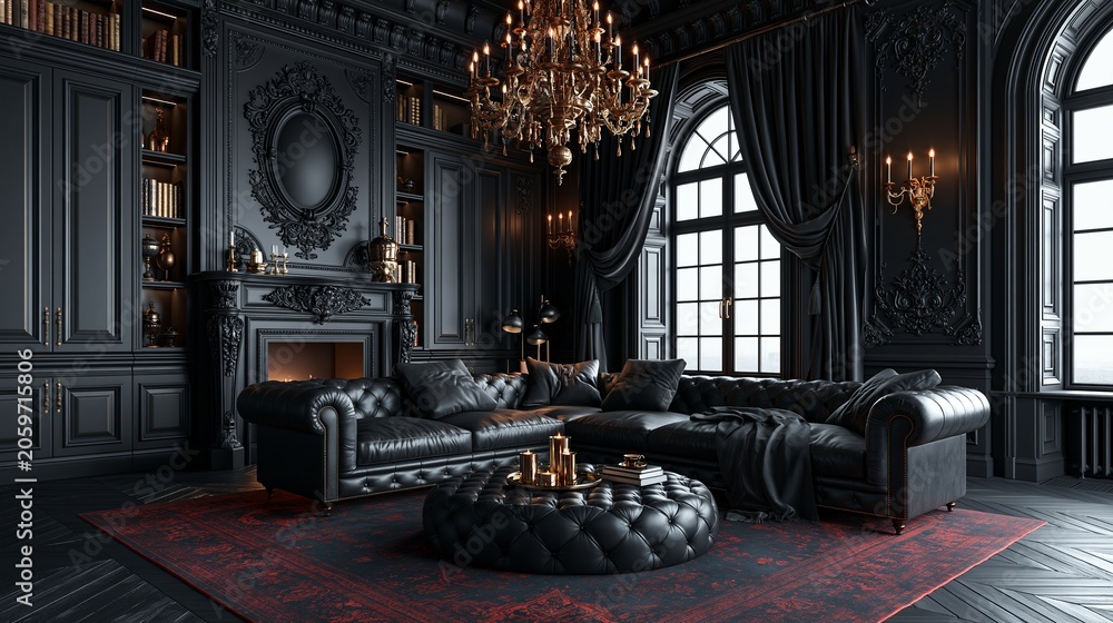 Fototapeta premium Luxurious dark living room interior featuring an elegant leather sofa and a glowing gold chandelier
