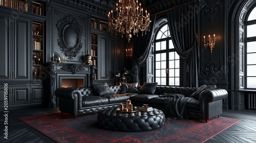 Luxurious dark living room interior featuring an elegant leather sofa and a glowing gold chandelier