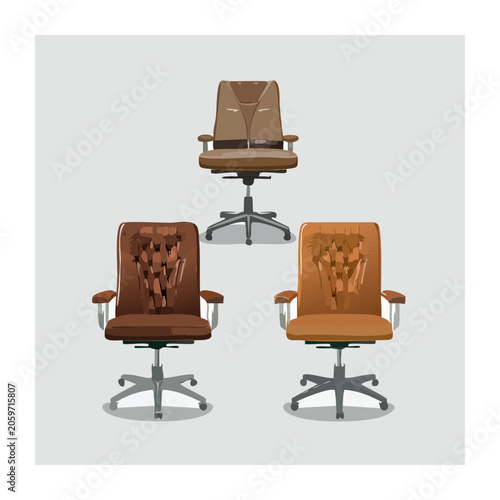 Three Brown Leather Office Chairs in Flat Design