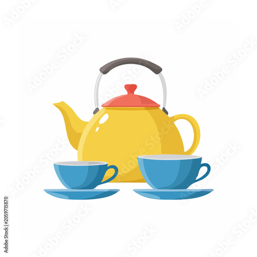 Yellow teapot with blue cups and saucers flat illustration
