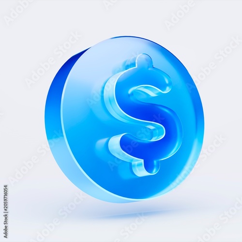 3D dollar sign icon isolated on white background, concept of money finance currency investment. Transparent Liquid Glass icon. 3D rendering.