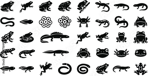 Foto Amphibian and reptile silhouette icons featuring frogs and lizards
