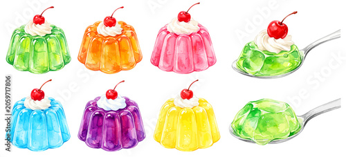 Obraz na plátně フルーツゼリーのイラストセット,水彩風のカラフルなゼリーとさくらんぼ・生クリーム,レトロな喫茶店ゼリー,手描きベクター,夏スイーツ