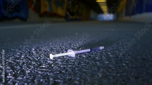 Close up of a used syringe lying on the asphalt ground in a dark, graffiti covered underpass, symbolizing drug abuse, addiction, and social decay with a shallow depth of field