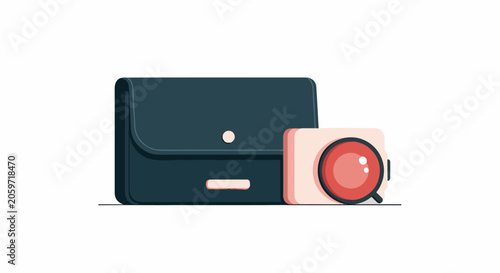 Dark blue briefcase with a small pink camera and red lens