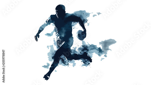 Rugby player sprints across the field with a ball in a fluid watercolor silhouette.