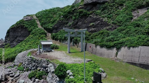 Aerial view of torii gate and shrine on Okinoshima Island