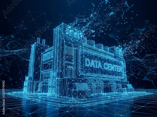 Digital wireframe depiction of a data center with a glowing blue grid effect, representing technology and innovation.