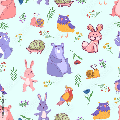 Seamless pattern, featuring cute forest animals, including bears, rabbits, hedgehogs, owls, snails, birds, with flowers, on light background, perfect for children clothing, nursery decor, textile desi