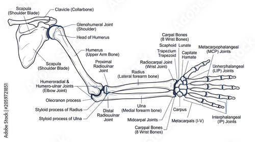 Obraz na płótnie Human upper limb skeletal system with detailed bone and joint labels