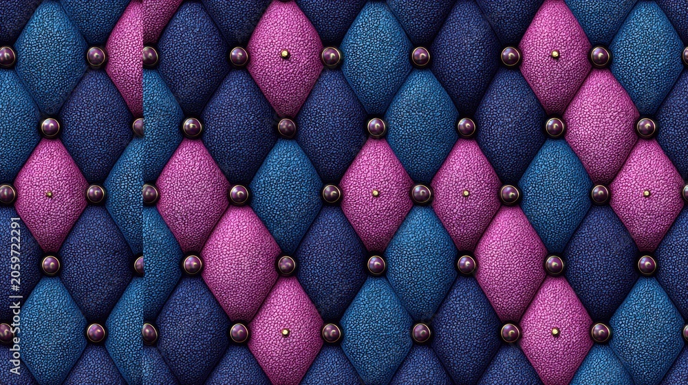 Fototapeta premium Richly tufted diamond pattern upholstery displays alternating vibrant colors secured with decorative metal studs