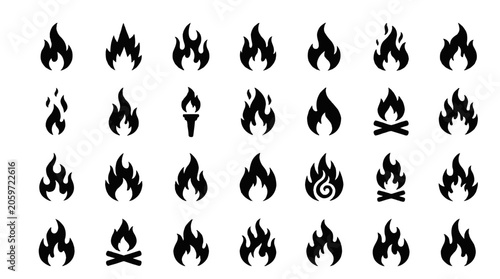 Collection of black flame icons with varying shapes and styles