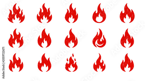 Картината върху платно Collection of red and orange stylized flame icons in rows