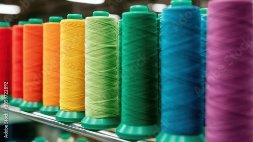 Colorful thread spool in vibrant red orange yellow green teal blue purple lined up in a row for sewing and textile crafting close-up focus on middle section