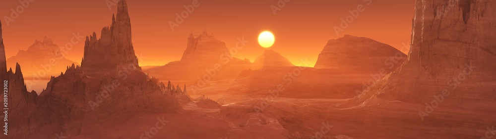 Fototapeta premium Alien surface of the planet at sunrise, Martian sunset, Mars at sunset, Sunrise on Mars, 3D rendering