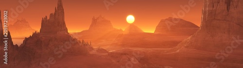 Alien surface of the planet at sunrise, Martian sunset, Mars at sunset, Sunrise on Mars, 3D rendering