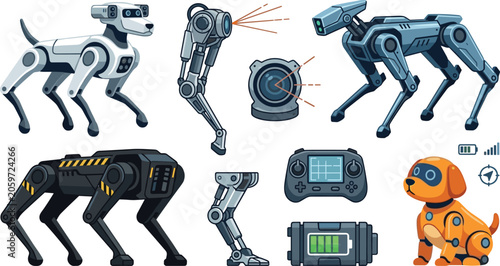 Photos Robotic Dog Technology Vector Icon Set Featuring AI Companion Pets, Quadruped Ro