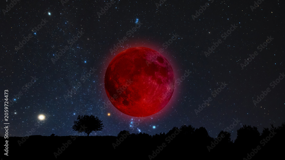 Fototapeta premium Lunar eclipse, stars and planets above landscape silhouettes.