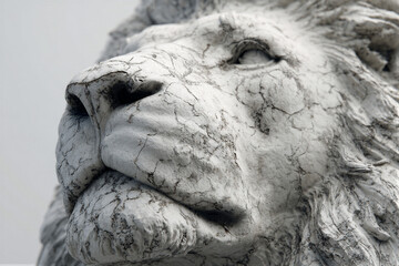 Macro close-up of ancient marble lion with weathered stone texture. Cool monochrome tones and HDR details under soft overcast light create a solemn historical atmosphere. Right copy space ideal...