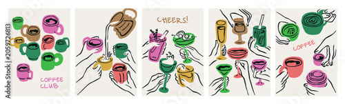 Cheers, doodle poster designs set. Party celebration with alcohol drinks and ...