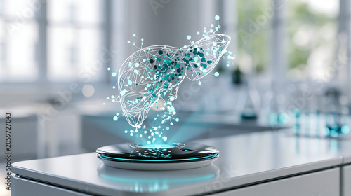 3D hologram of human liver with particle network on digital device in modern laboratory background