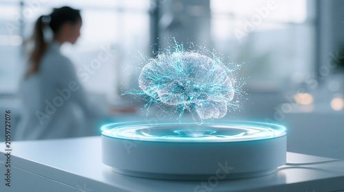 Artificial intelligence brain hologram on glowing pod with female scientist working in blurred background