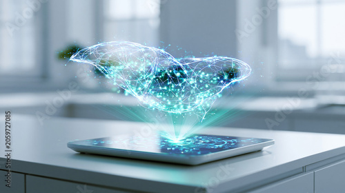 Digital tablet projecting neon human liver hologram for medical research and diagnostic concept