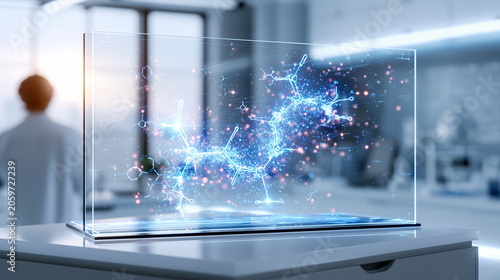 Futuristic chemical molecular model on glowing transparent monitor in modern pharmaceutical research laboratory