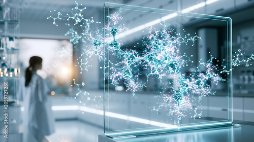 Molecular structure display on transparent screen with blurred scientist working in medical laboratory