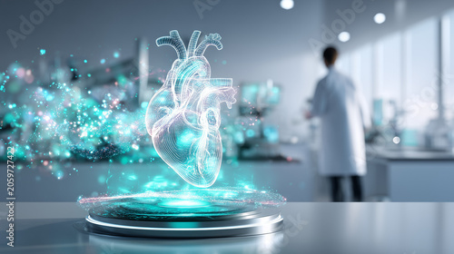 Wireframe human heart hologram on technological podium with female scientist analyzing cardiac data