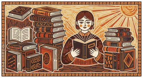 Linocut illustration of a person reading a book surrounded by stacks of books, warm color palette, vintage print style, knowledge and education concept