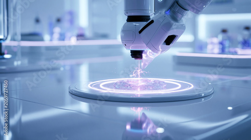 Automated robotic medical arm dispensing biological gel with precision pink laser in laboratory
