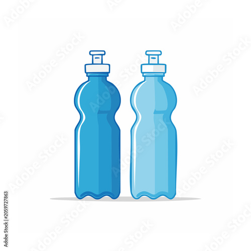 Two blue plastic water bottles with caps, flat design