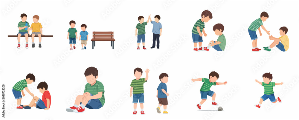 Fototapeta premium Set of flat vector illustrations of young boys showing empathy, helping friends with injuries, sharing, and playing together, isolated on a white background.
