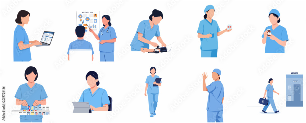Fototapeta premium Nurse and Healthcare Professional Character Set Performing Medical Tasks and Patient Care in Flat Vector Style