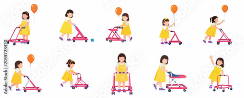 Little girl with physical disability using different mobility walkers and gait trainers set, flat vector illustration isolated on white