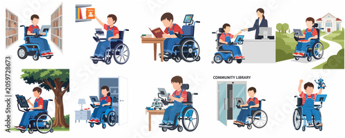 Disabled Boy in Motorized Wheelchair Education and Robotics Illustration Set, Accessibility and Inclusion in Learning Concept
