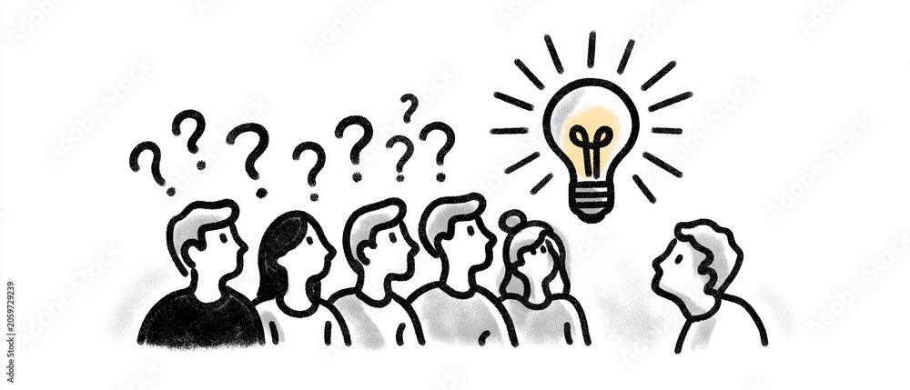 Fototapeta premium The Spark of Inspiration: A group of people looks up at a glowing lightbulb representing a brilliant idea, surrounded by question marks, symbolizing confusion and the search for an answer.