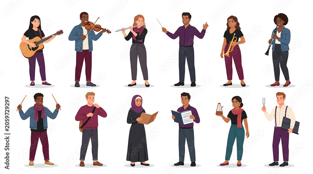 Obraz premium Set of Multiracial Music Students with Instruments and Sheet Music Vector Art on White