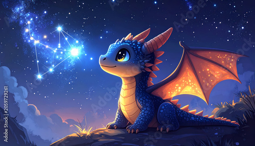 Tiny blue dragon watching glowing star constellation at night.