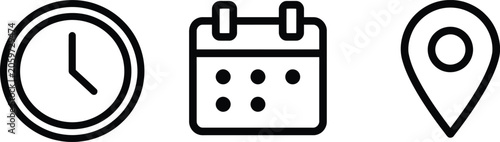 Calendar, clock, and location pin icons, Time, date and address icon set vector. Clock, calendar, location pin marker signs,