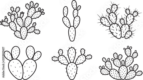 Six distinct black and white line of prickly pear cacti, each with unique arrangements of pads and spines