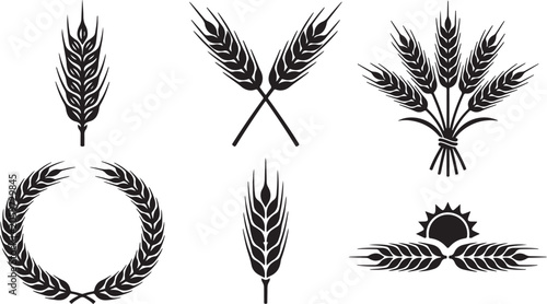 Collection of black silhouette of wheat ears, a laurel wreath, and a sun rising over wheat stalks