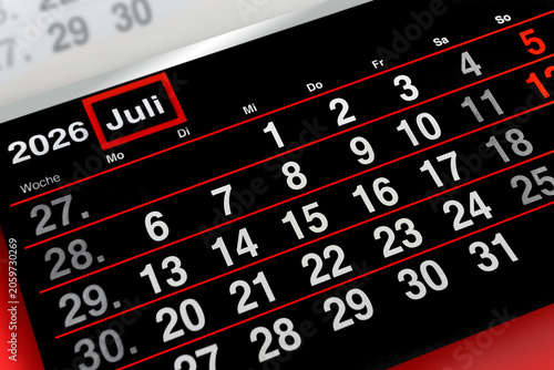 Deutscher Kalender Monat Juli  2026 rot schwarz