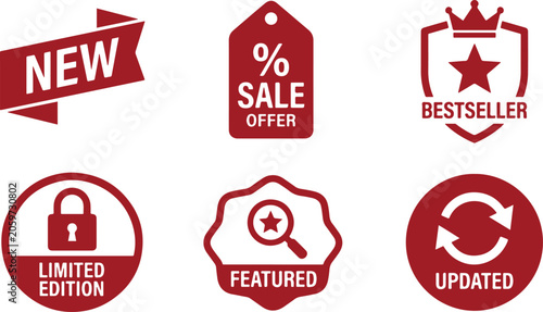 Collection of six red and white for sales and product status: new, sale offer, bestseller, limited edition, featured, updated