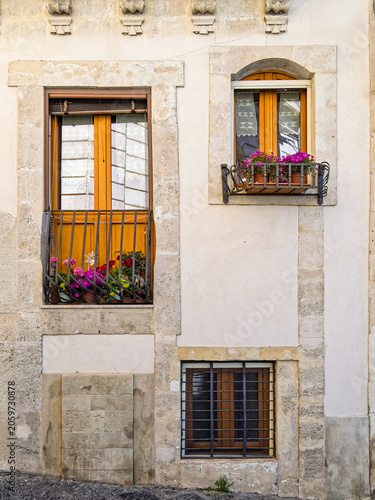 Traditional French balcony and diverse window designs on a historic building facade in Ortigia, Syracuse, Sicily, Italy. Old town stone wall with colorful potted flowers.
